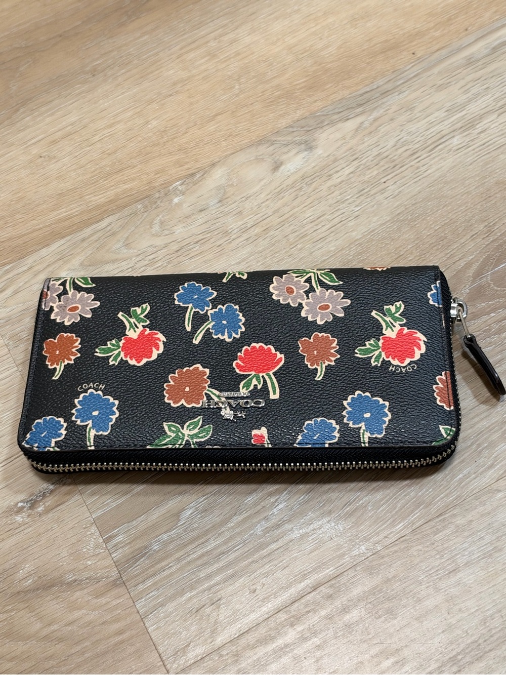 Coach Black Floral Zip-Around Leather Wallet